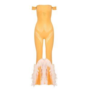 Poster Girl Junia Jumpsuit in Papaya Soft Pink Marabou Feathers